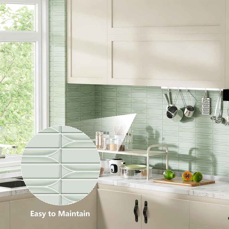 Bumoo Peel and Stick Backsplash Tiles 12''x12'' Light Green Wall Tile Heat Resistant 10-Sheet Waterproof Vinyl Self Adhesive Glossy Boho Sticker for Kitchen Ceramic Bathroom Living Room - Image 2
